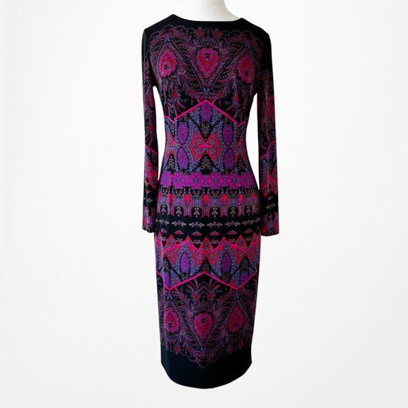 Vintage Y2K Black Purple Long Sleeve Knit Bodycon Tribal Print Dress Size M - Picture 3 of 8